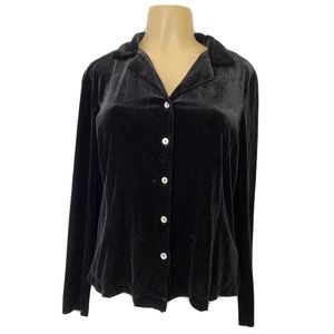 WORTHINGTON Velour Velvet Button Down Blouse Top Black Long Sleeve Shirt…